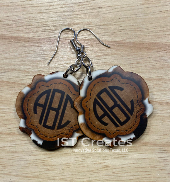 Cowhide and Leather Monogrammed Quatrefoil Earrings