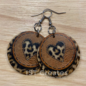 Leopard and Leather Print Round Earrings with Heart