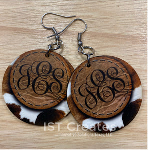 Cowhide and Leather Monogrammed Round Earrings