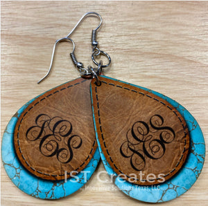 Turquoise and Leather Teardrop Monogrammed Earrings