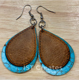 Turquoise and Leather Teardrop Monogrammed Earrings